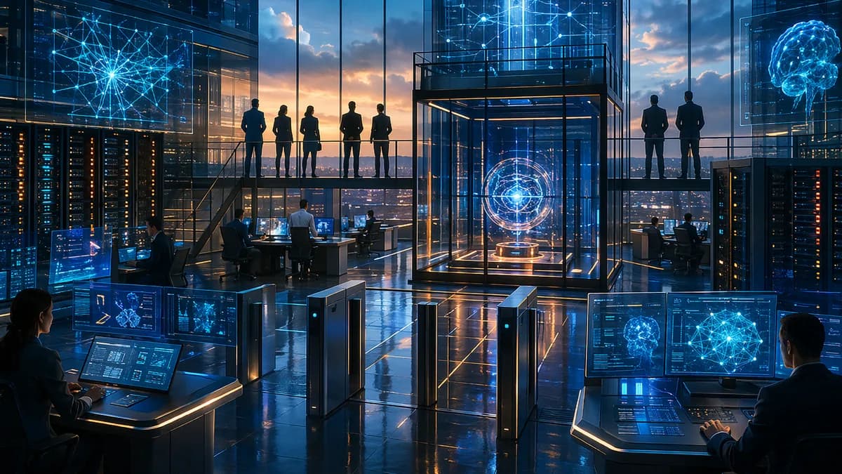 Futuristic AI lab with officials, engineers, secure servers, and glowing neural networks under tense oversight.