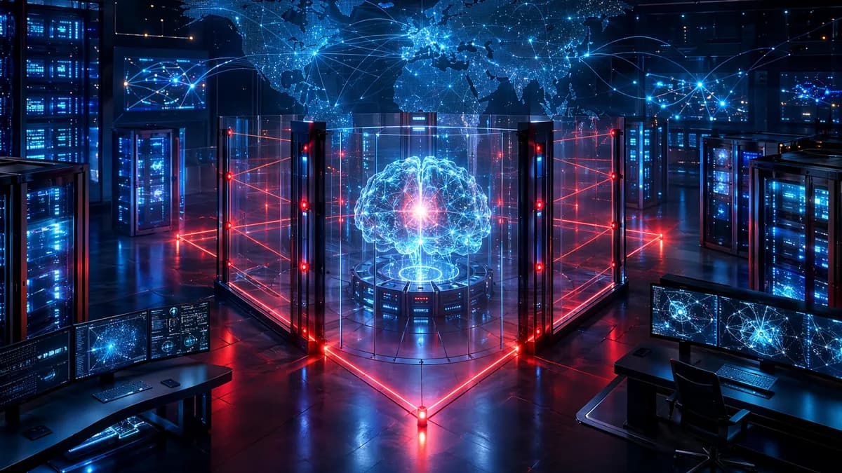 Secure AI data hub with locked neural core and fading global connections symbolizing restricted model access