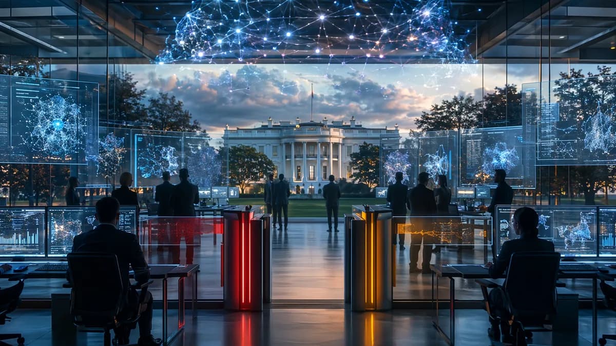 AI policy war room with security controls easing near a government building.