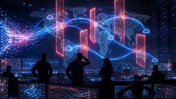 AI operations hub with blocked cloud connections symbolizing export-control risk.
