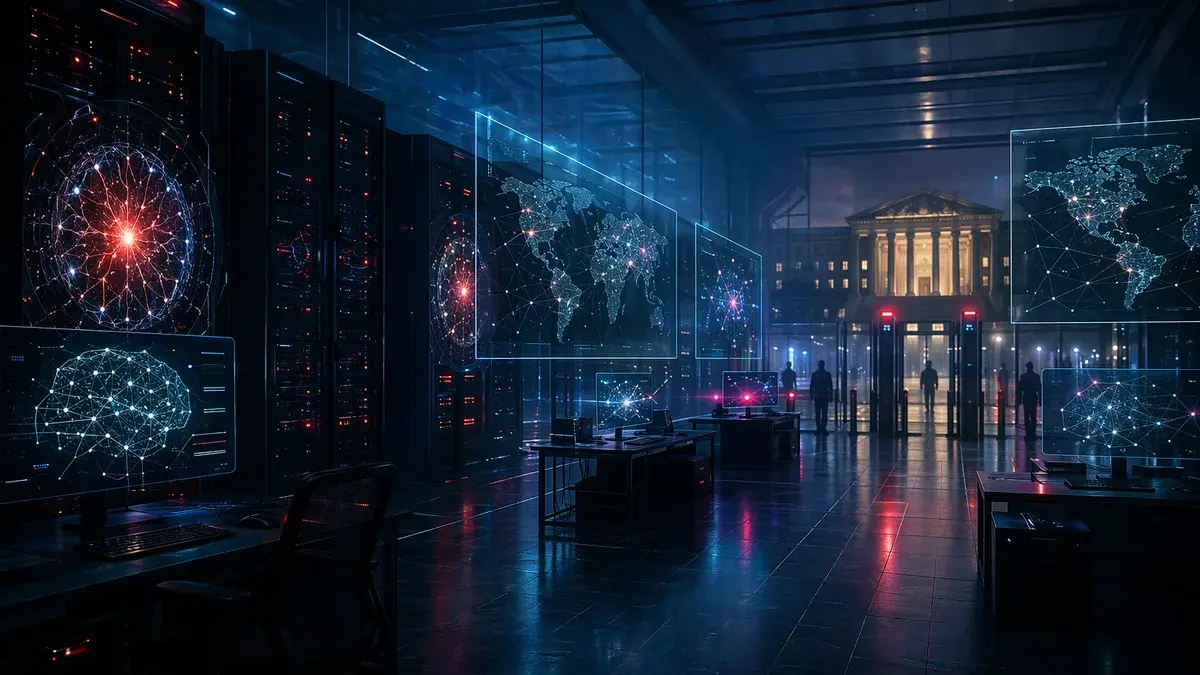 Futuristic AI data center with neural networks dimming under implied government access restrictions