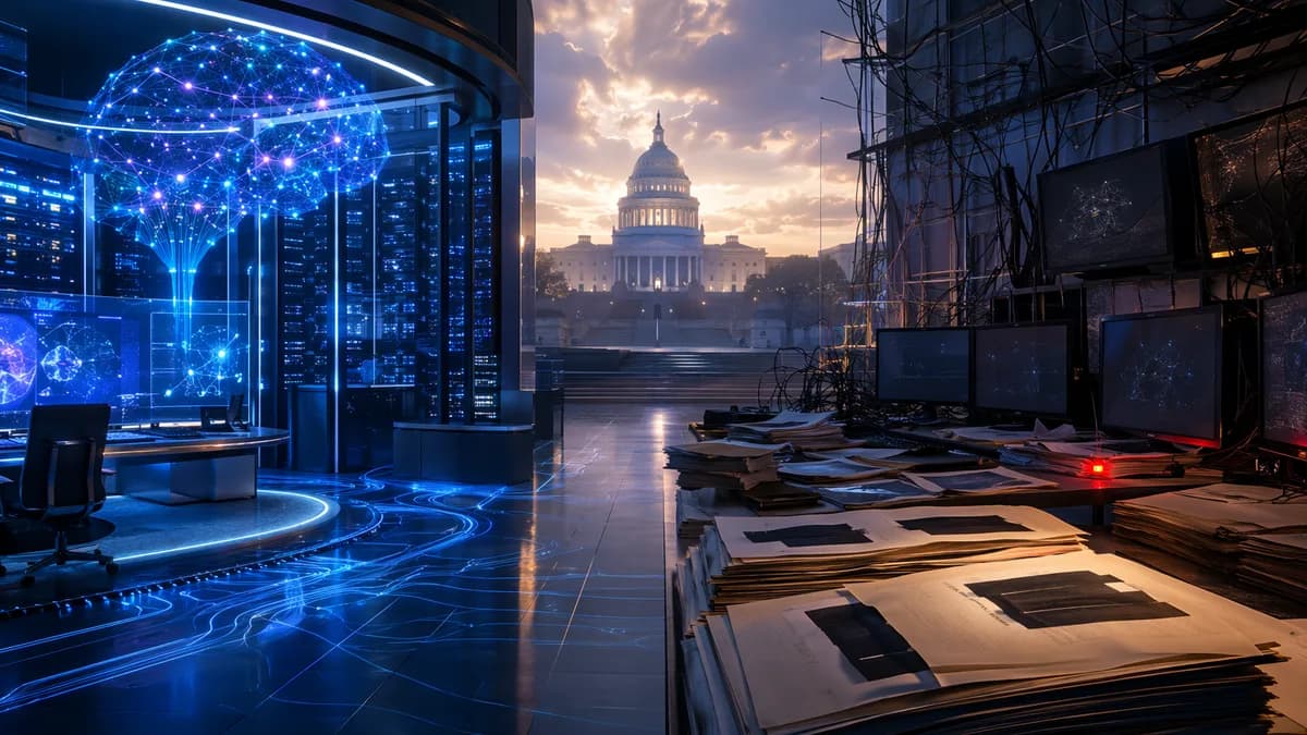 Futuristic AI hub facing government oversight, with servers, neural networks, and an offline console.