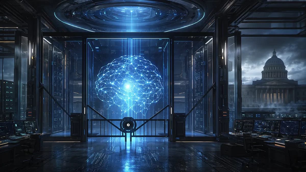 Futuristic AI hub with neural core behind locked digital barriers, symbolizing government-ordered access cutoff.