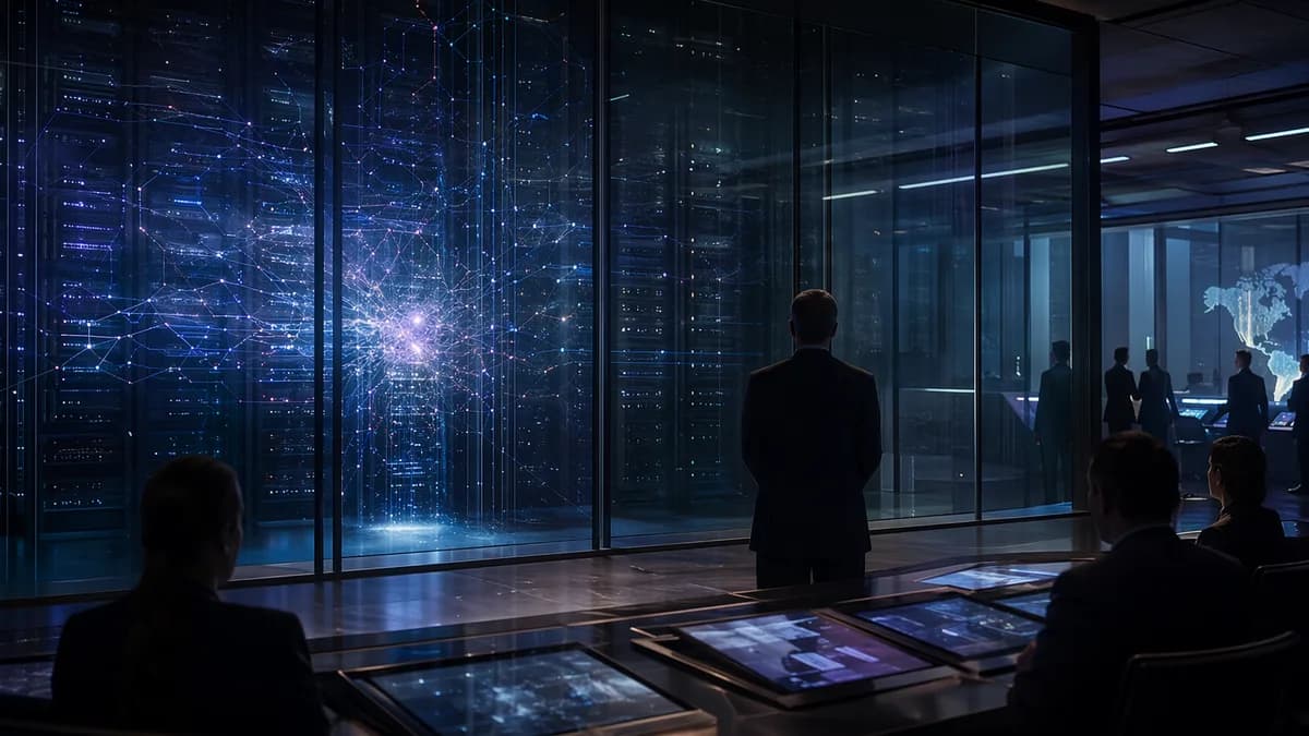 Secure cyber command room with AI servers shutting down under government oversight