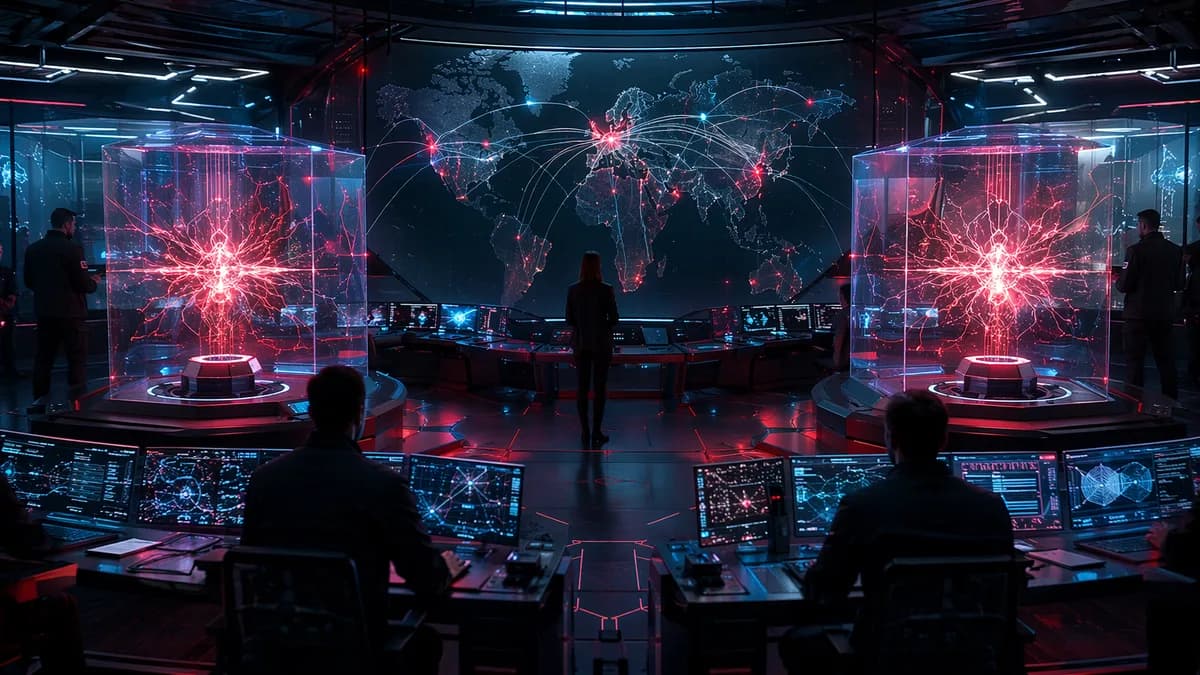 AI model cores sealed in a futuristic security hub amid global network lockdown signals.
