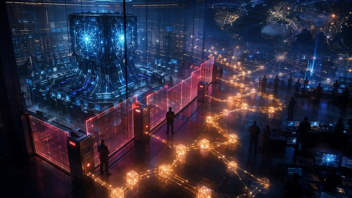 AI access blocked by policy barriers as crypto networks route around restrictions in a futuristic tech hub