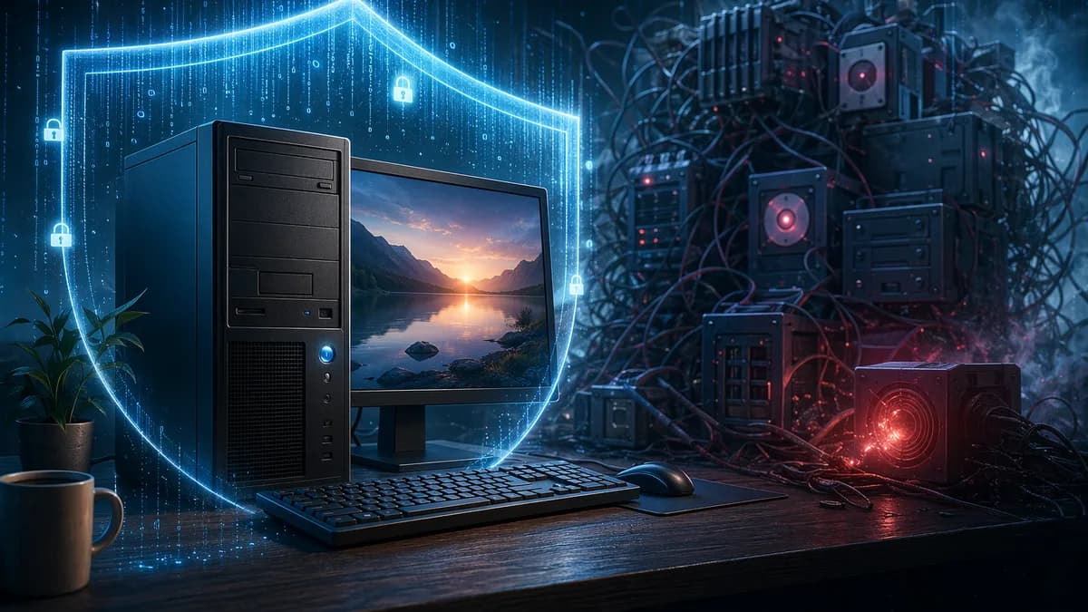 Older PC protected by a slim digital shield, symbolizing lightweight antivirus and data security.