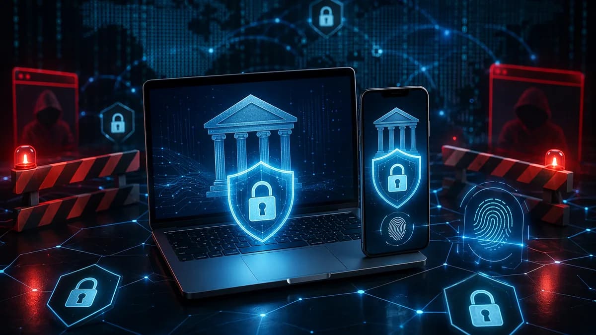 Secure online banking protected by antivirus shields against fake login and phishing threats