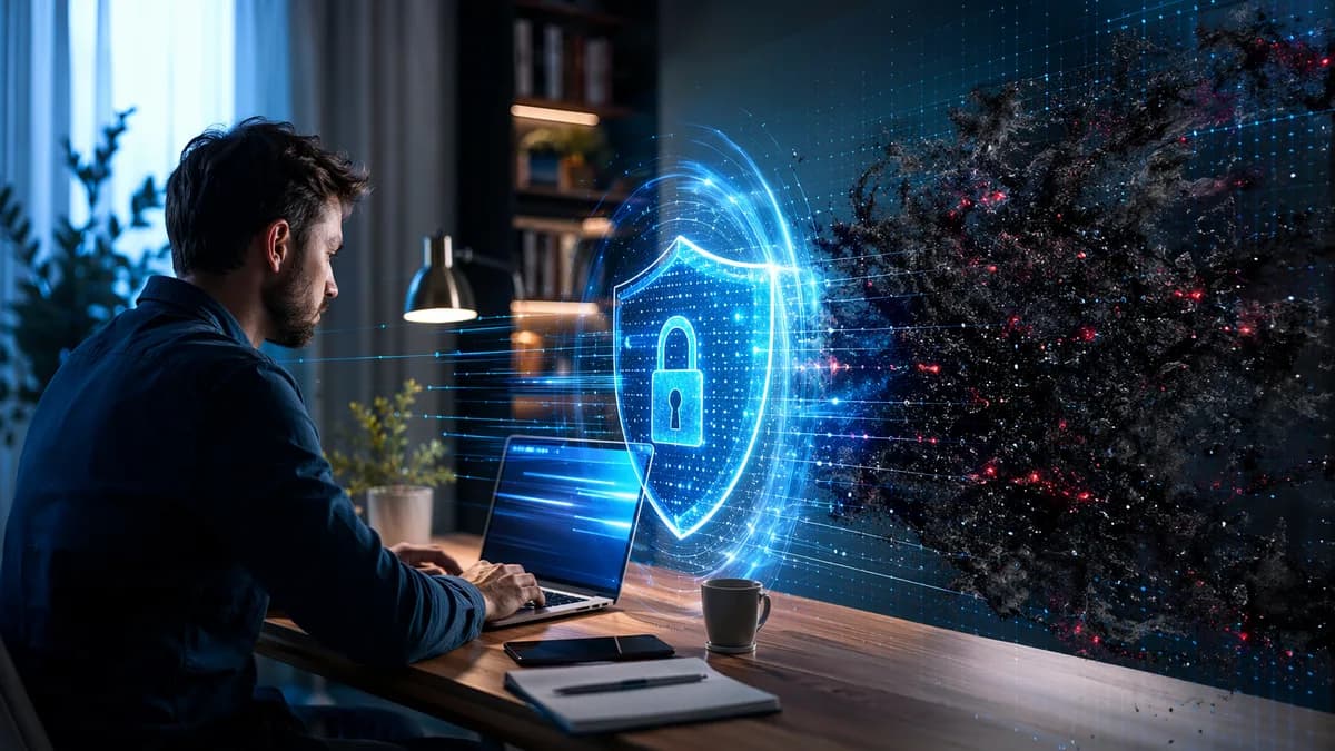 Remote laptop protected by a glowing antivirus shield with fast, secure cyber defense visuals.