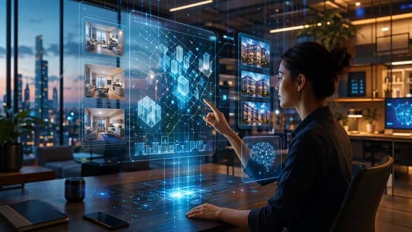 Renter using AI-powered screens for apartment search in a futuristic tech workspace