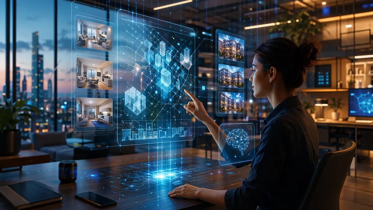 Renter using AI-powered screens for apartment search in a futuristic tech workspace