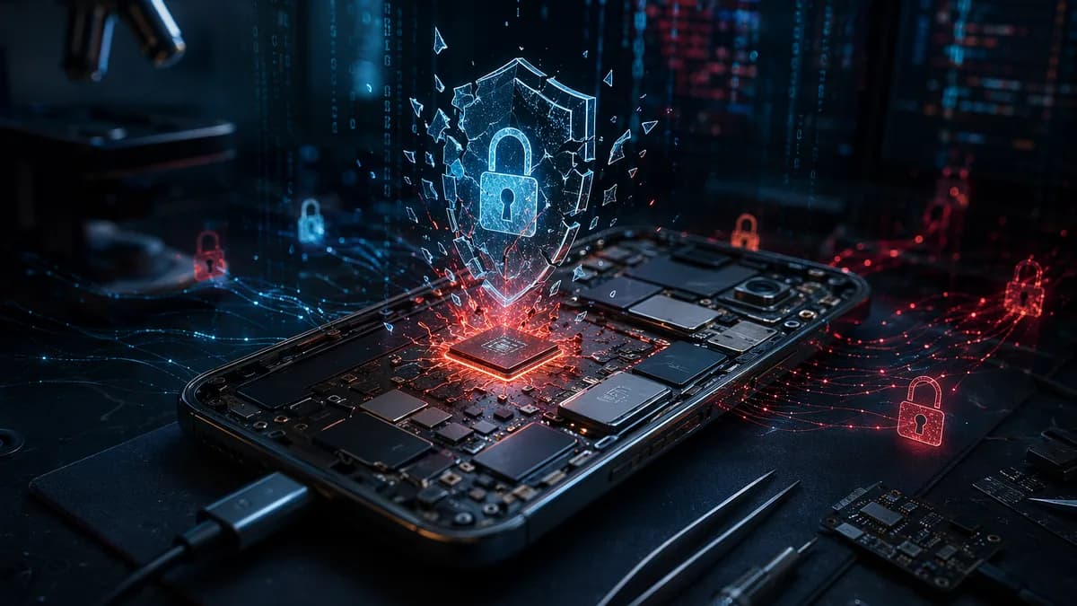 Disassembled smartphone chip with USB cable, broken security shield, and dark cybersecurity visuals.