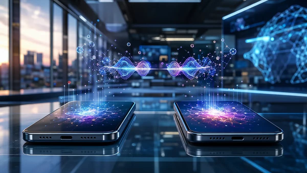 Two unbranded smartphones in a futuristic AI workspace showing only a small feature gap.