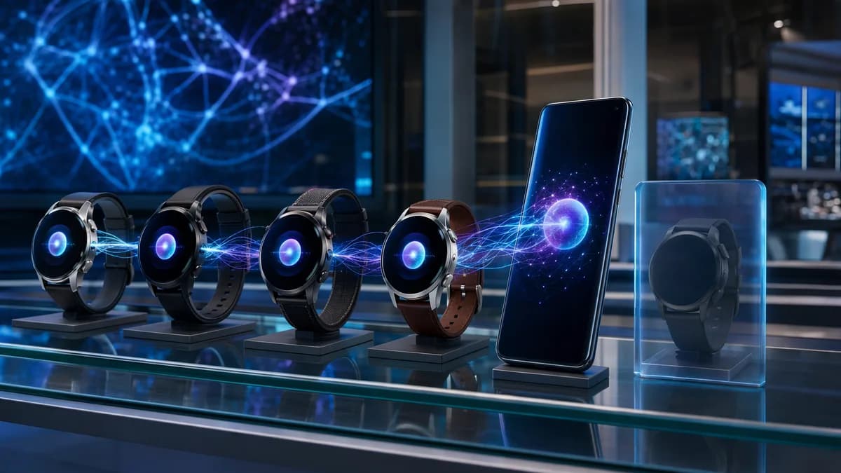 Premium smartwatches in a futuristic AI workspace, with one older watch dimmed behind a barrier.