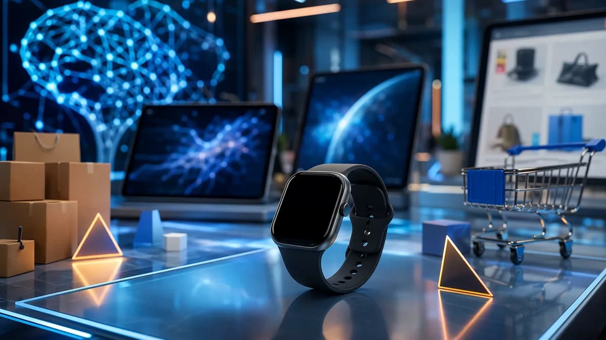 Minimal smartwatch on a futuristic tech desk with abstract online shopping deal visuals