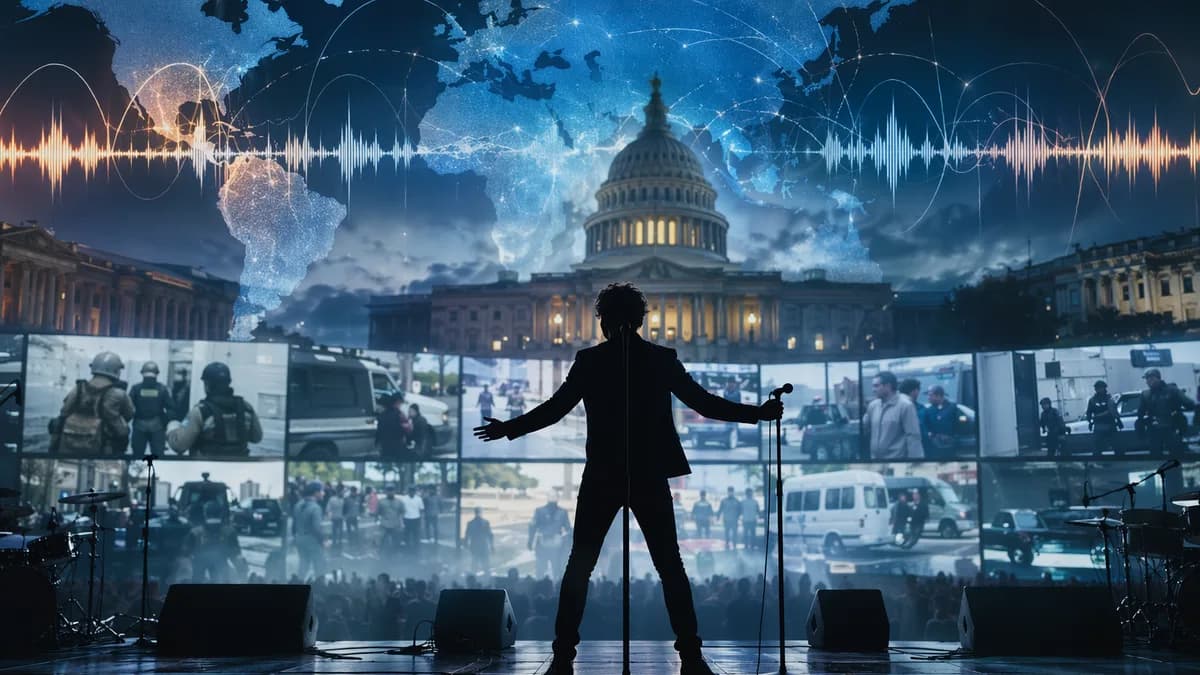 Pop singer silhouette confronting government media amid global map and geopolitical connections.