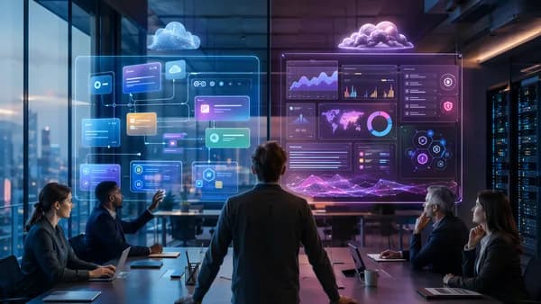 Split AI SaaS dashboards showing fast workflow automation versus executive portfolio control