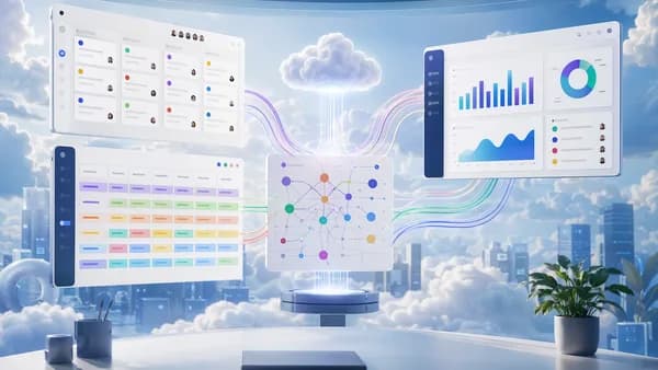 Three SaaS workflow dashboards converging into a reporting hub in a modern cloud workspace.