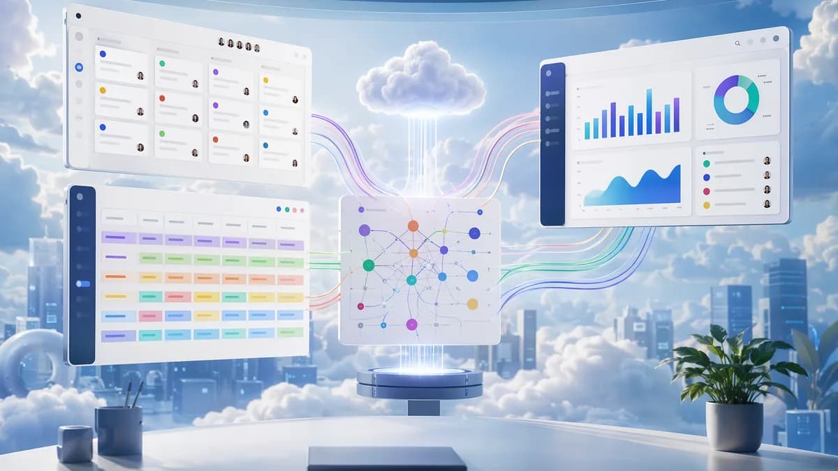 Three SaaS workflow dashboards converging into a reporting hub in a modern cloud workspace.