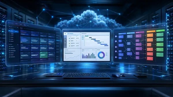 Three abstract SaaS dashboards comparing developer speed, enterprise visibility, and visual workflow control