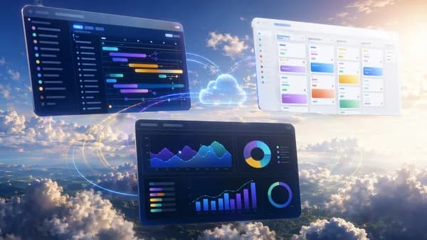 Three SaaS dashboards compare workflows, planning boards, and client profitability analytics in a cloud workspace.