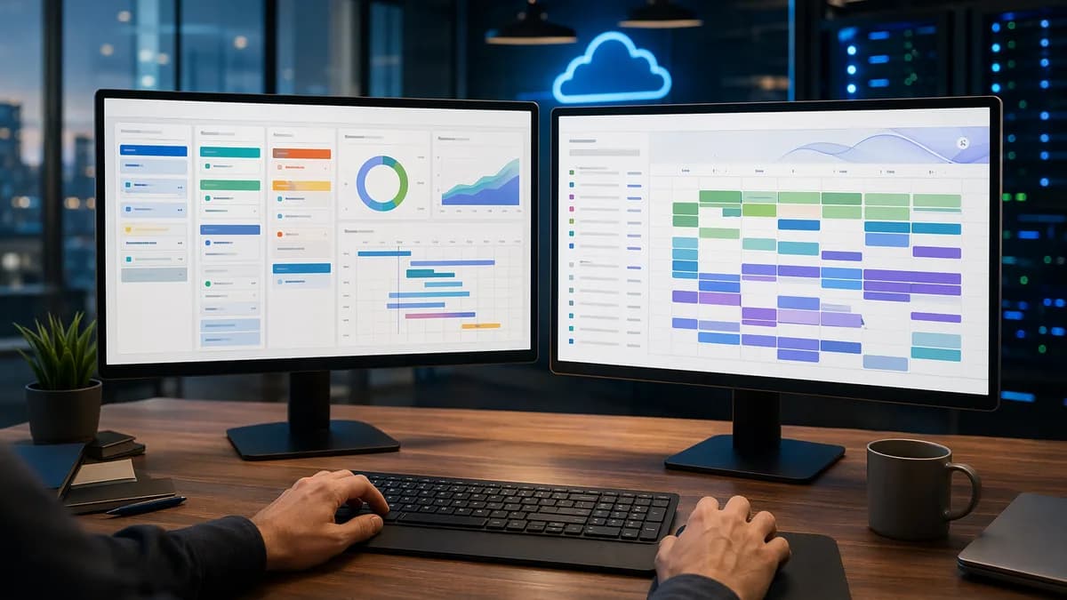 Abstract SaaS dashboards comparing structured project planning with AI calendar-based workload scheduling