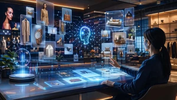 AI shopping discovery workspace with floating product cards and neural network visuals