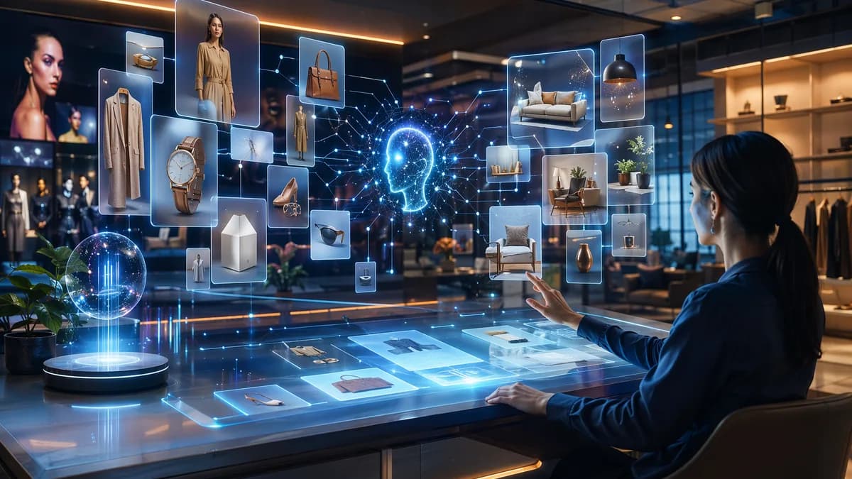 AI shopping discovery workspace with floating product cards and neural network visuals