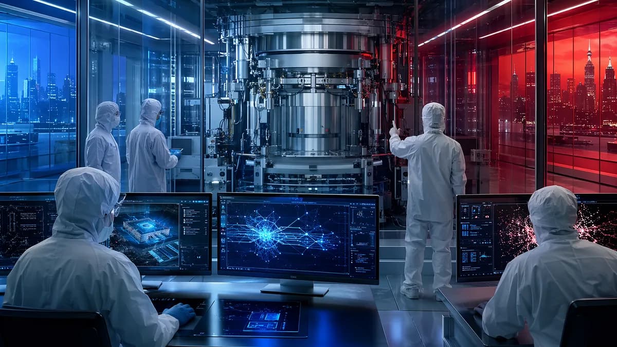 Advanced chipmaking machine in a cleanroom with engineers, screens, circuits, and tense geopolitical lighting.