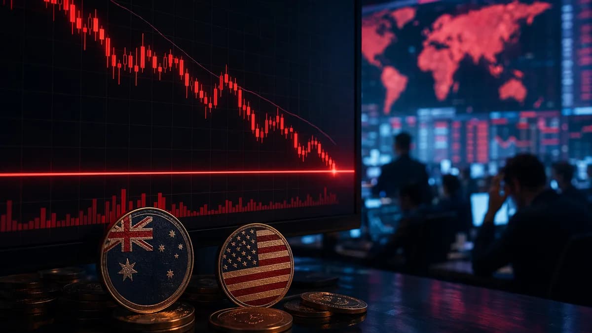 Trading desk with red charts showing Australian dollar support under pressure against the US dollar.