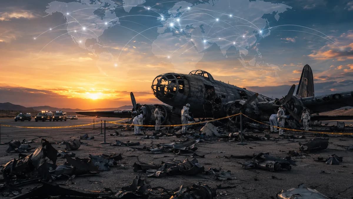 Investigators examine bomber wreckage at a desert airbase under a global map overlay.