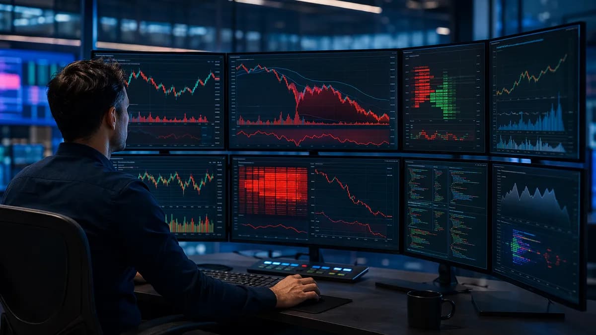 Retail trader reviewing backtesting dashboards, risk heatmaps, and market charts before placing trades.