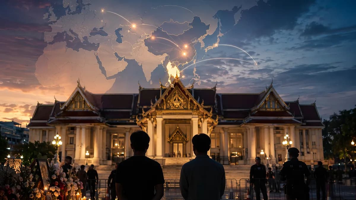 Bangkok courthouse scene with global map connections symbolizing a geopolitical bombing case