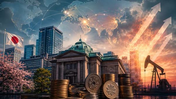 Tokyo financial scene with global map connections and inflation pressure imagery.