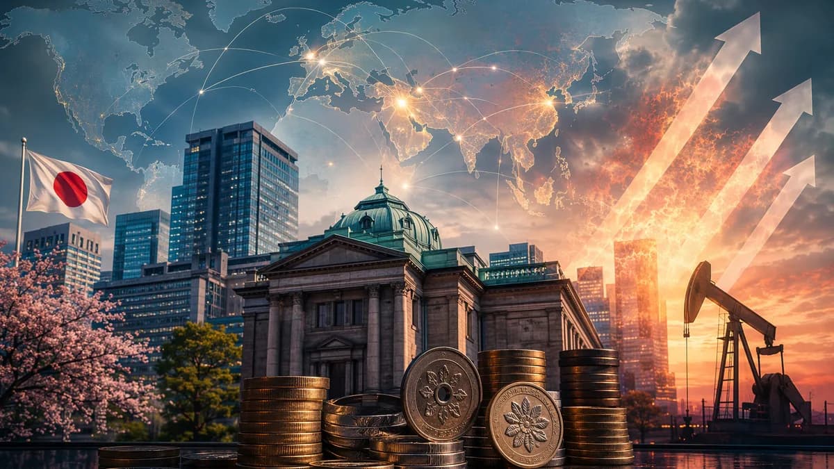 Tokyo financial scene with global map connections and inflation pressure imagery.