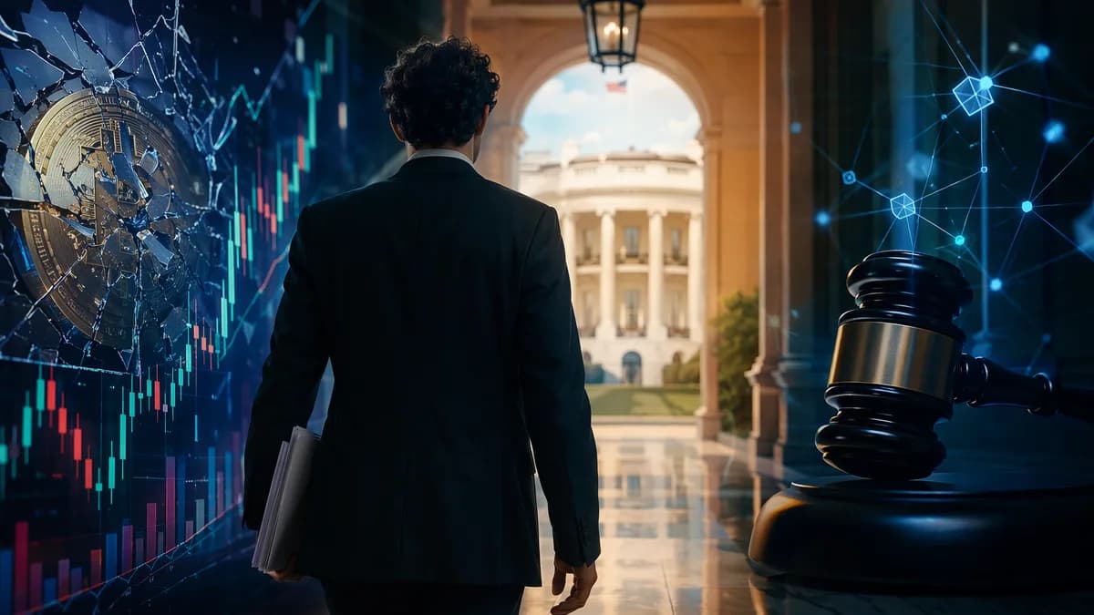 Editorial image of crypto fraud, legal appeal, and presidential pardon themes in a cinematic fintech setting