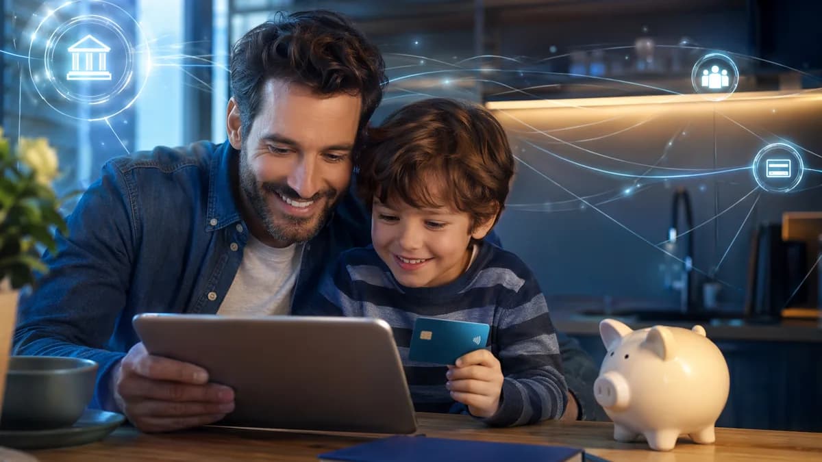 Parent and child using a digital banking app with a kids card, symbolizing youth banking acquisition.