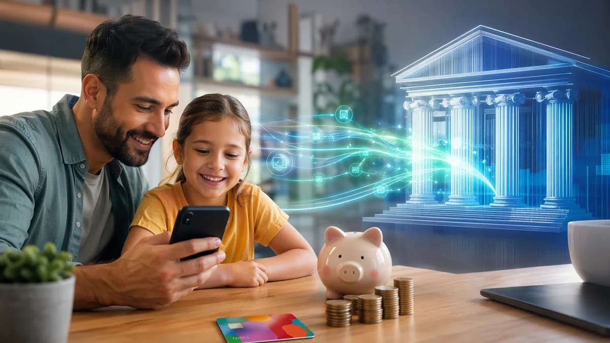 Parent and child using a kids banking app with an unbranded debit card and digital finance visuals.