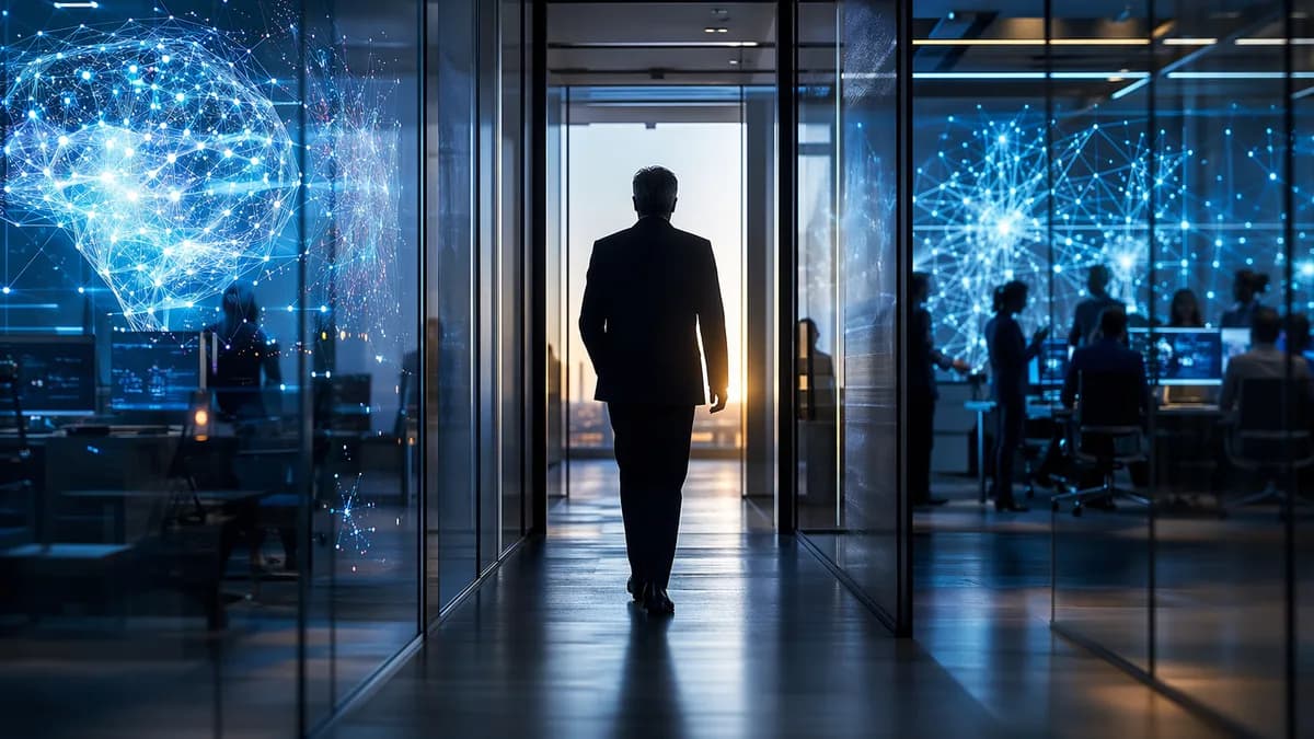 Anonymous AI executive leaving a futuristic workspace as teams and neural network screens glow behind.