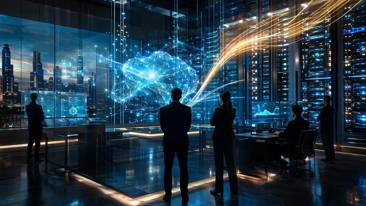 AI inference infrastructure startup scene with glowing servers, neural networks, and investors in a futuristic workspace