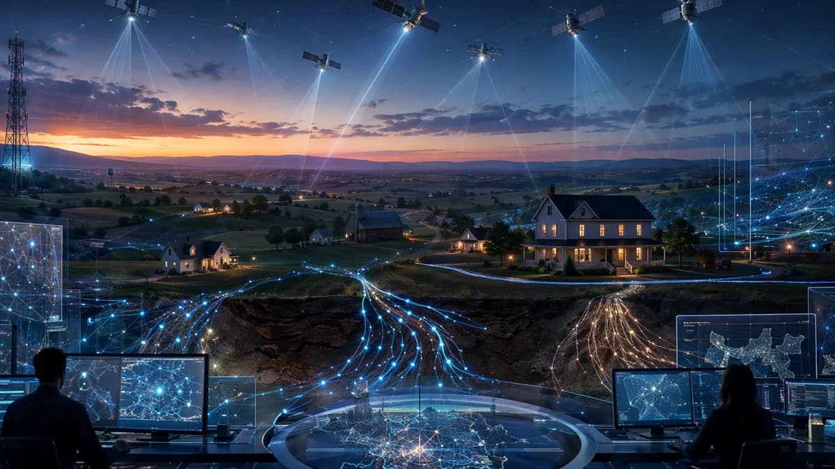 Rural broadband split between glowing fiber lines and satellite beams, suggesting a fight over control.
