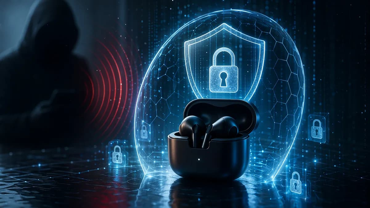 Wireless earbuds protected by a digital shield from nearby cyber spying signals.