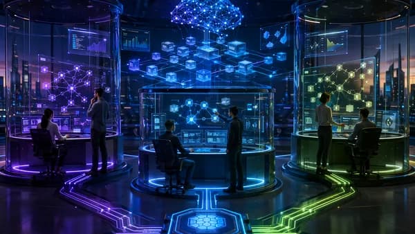Engineers in a futuristic AI operations hub compare competing model deployment pipelines.