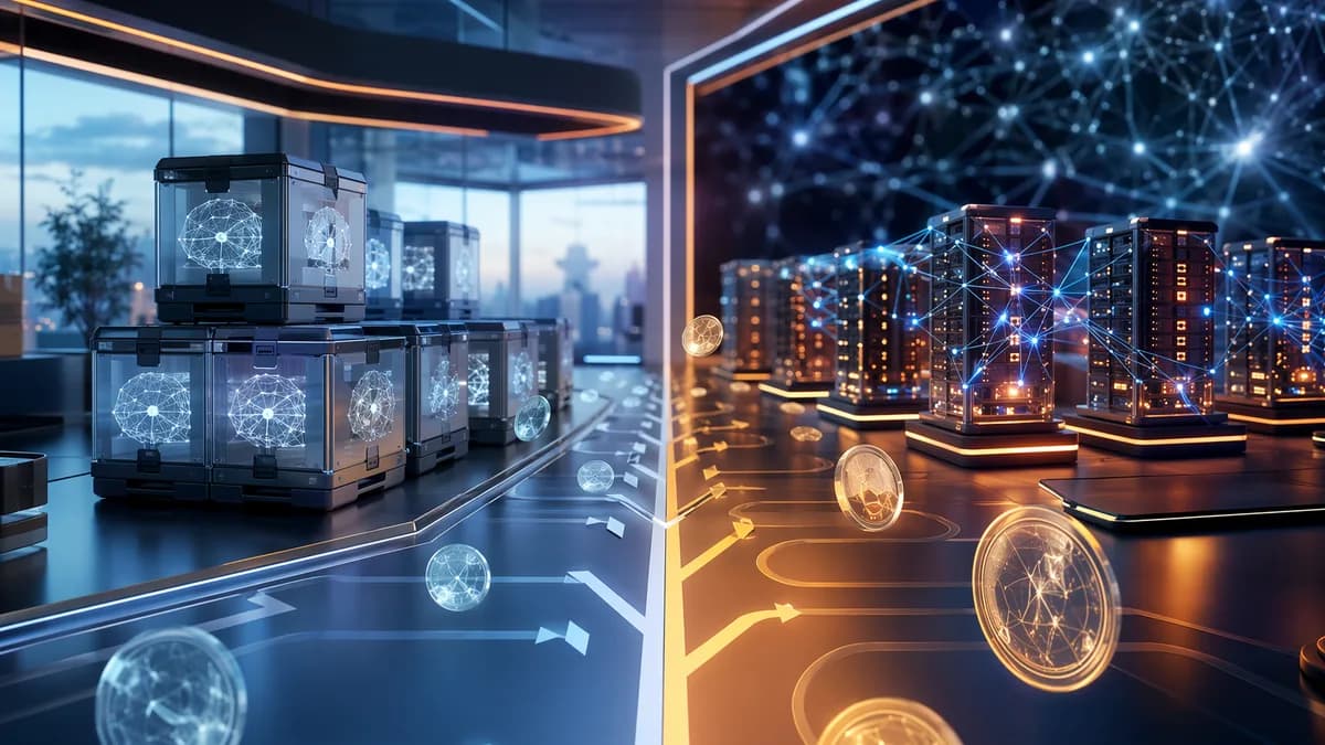 Split futuristic AI infrastructure scene comparing modular packaging and distributed serving clusters
