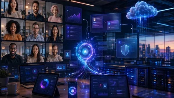AI meeting assistant organizing secure remote team workflows across a modern SaaS dashboard.