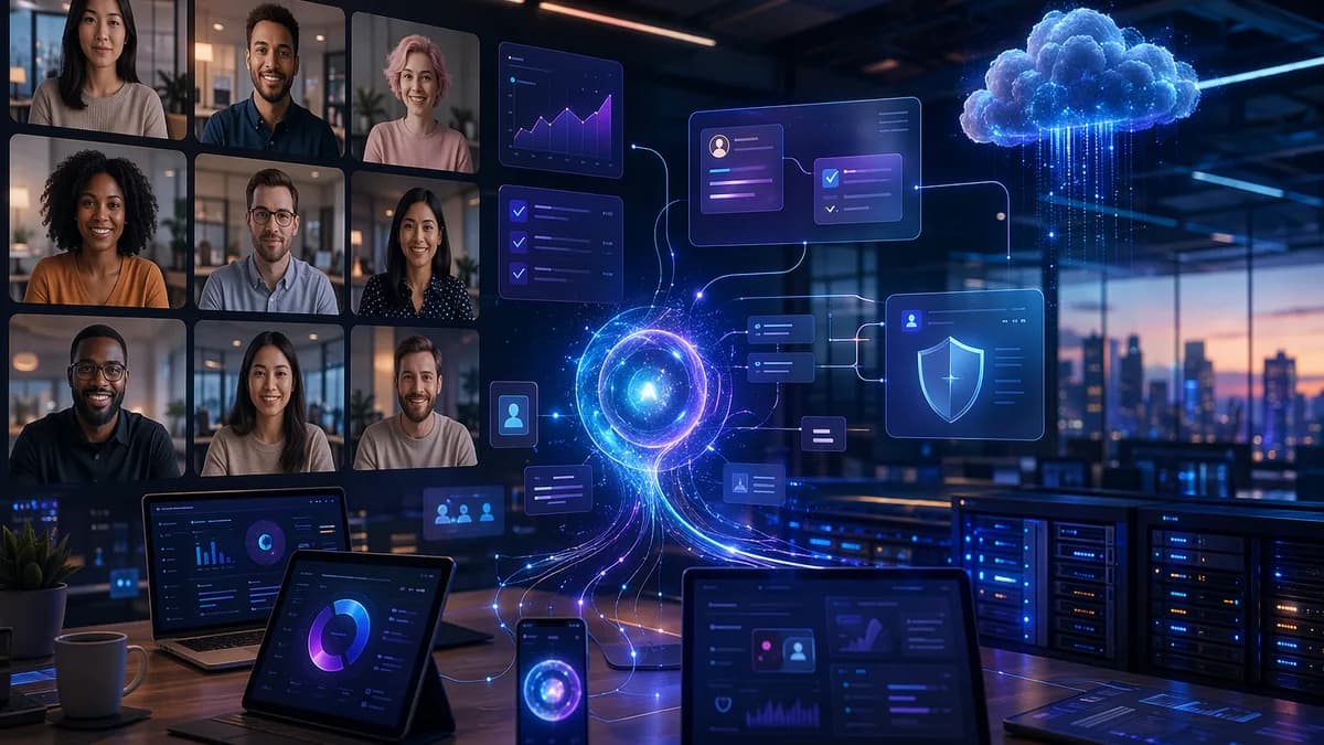 AI meeting assistant organizing secure remote team workflows across a modern SaaS dashboard.