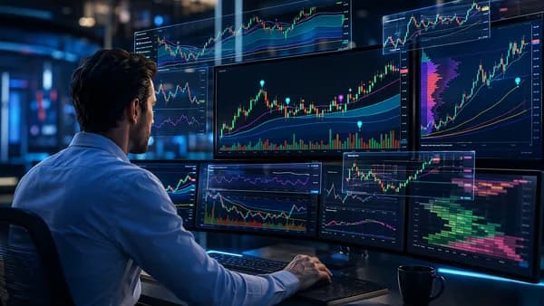 Trader workstation with abstract VWAP chart overlays and market data visualizations