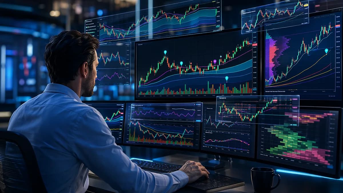 Trader workstation with abstract VWAP chart overlays and market data visualizations