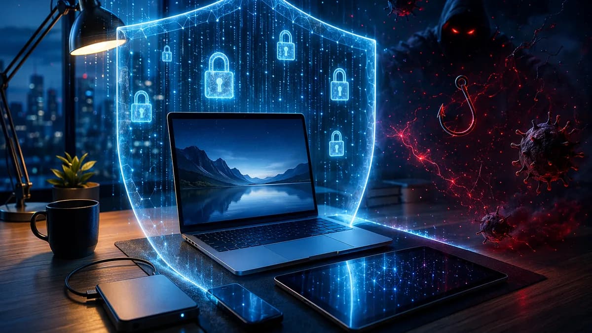 Freelancer laptop protected by digital shield blocking cyber threats and data theft.