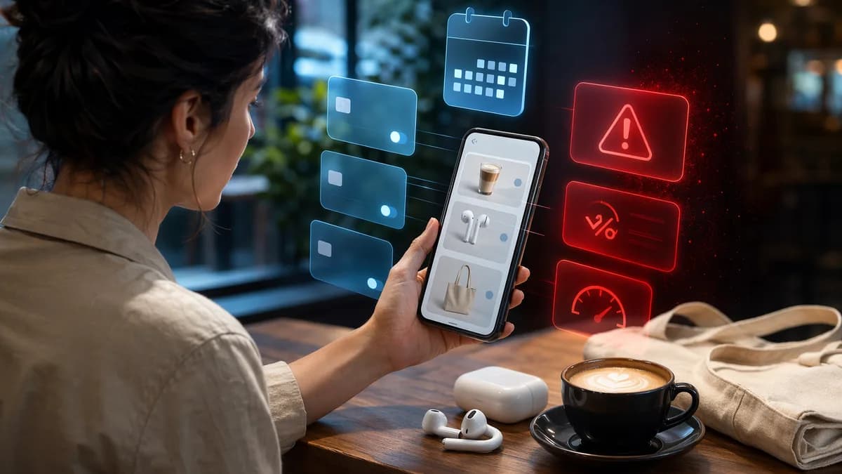 Shopper comparing BNPL options on a phone with small purchases and subtle fee warning visuals